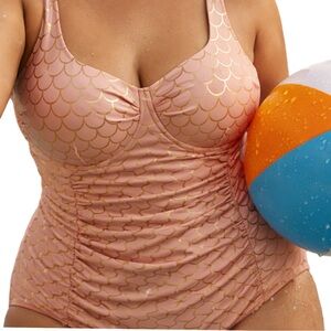 Torrid Slim Fix Mermaid One-Piece 5X Underwire Tummy Control Ruched Coral Gold